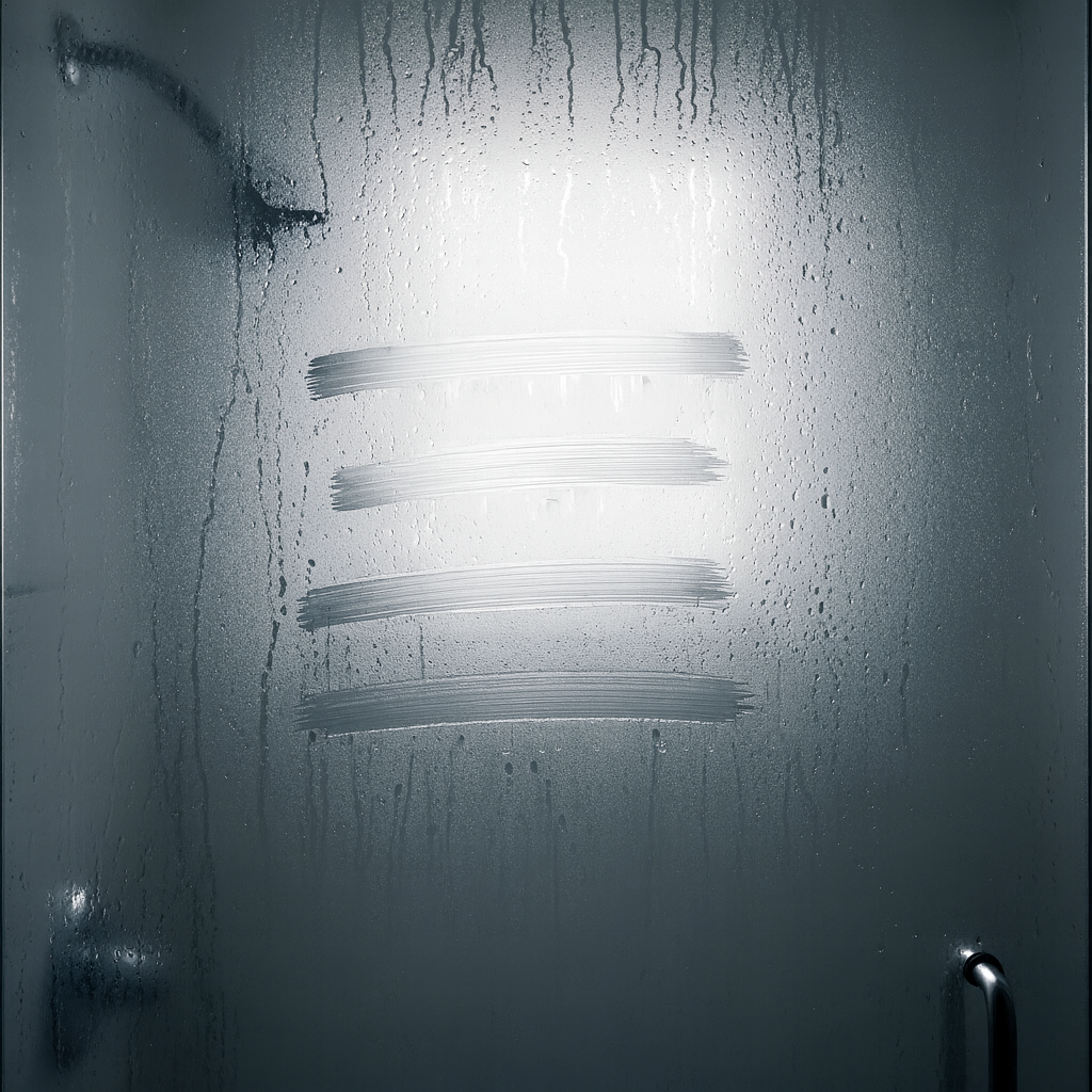 Foggy shower door with water droplets and scratched out words