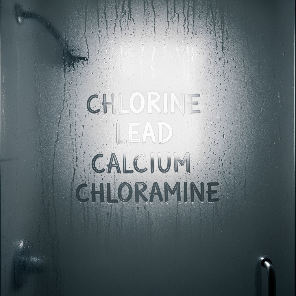 Text on a shower door indicating chemicals like chlorine, lead, calcium, and chloramine.